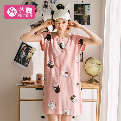 

Fen Teng 2019 spring&summer new personality pattern round neck cotton girlfriends short-sleeved home service ladies pajamas nightdress X980A21482 pink XL