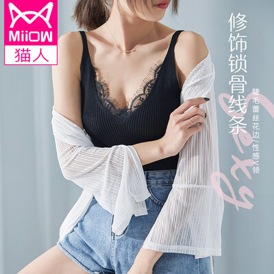 

Catwoman Ladies Camisole Womens Autumn&Winter Stretch Slim Deep V Knitted Outer Wear Bottoming Shirt Womens Lace Joker Lady Casual Home Short Sleeveless Top Black