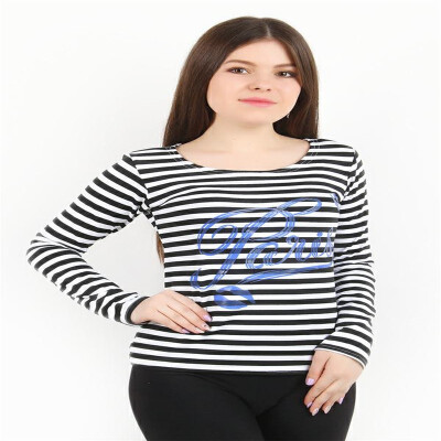 

2018 autumn new striped shoulder horn sleeve printed sweater womens long-sleeved literary T-shirt top