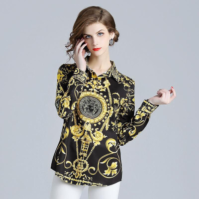 

M L XL elegant new autumn 2018 women blouse shirt long sleeve black&gold vintage print office top lady