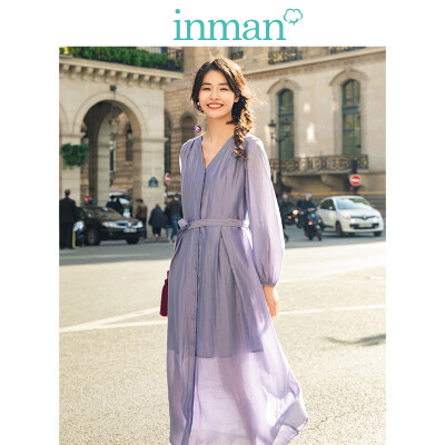 

INMAN 2019 spring new V-neck retro literary belt with slim loose A word long-sleeved dress long skirt female 1891104543 Lilac purple S