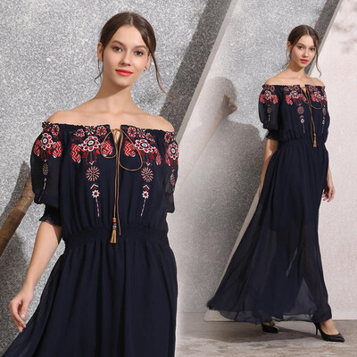 

M L XL XXL beach new summer 2019 long maxi chiffon dress women short sleeve navy blue flower embroidery ankle length bohemia lady
