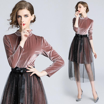 

L XL XXL elegant new spring 2019 long dress women long sleeve velvet pink black two piece set office lady