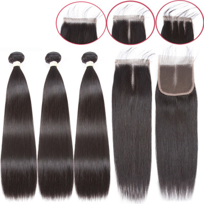 

BEAUDIVA Straight 3 Bundles With 44 Closure Brazilian Hair Weave Bundles Middle Part