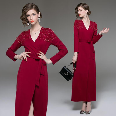 

M L XL elegant new spring 2019 long maxi dress women long sleeve red straight ankle length with pearl lady