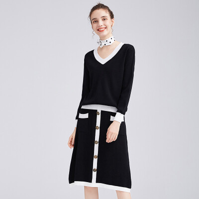 

Her pool womens 2018 autumn&winter new V-neck long-sleeved knit loose shirt to take a skirt fashion two-piece suit skirt T83X1942A10JM black one yard