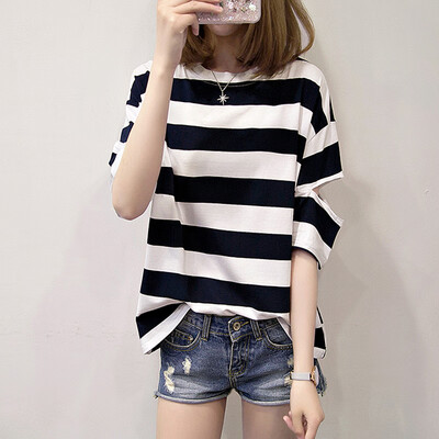 

JOY OF JOY 2019 summer round neck Korean version of the bottom stripe bat half sleeve womens loose wild T-shirt female tide JWTD191266 blue&white stripes