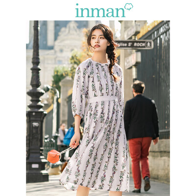 

INMAN 2019 spring new round neck literary retro small fresh floral seven-point sleeve long dress female 1891101095 pink peach