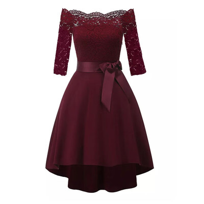 

Classic Women Lace Dresses Sexy Boat Neck Long Sleeve Female Party Prom Front Short Back Long Dress