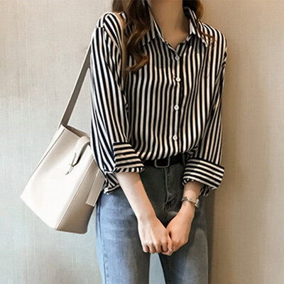 

Long Yue womens long-sleeved shirt female 2019 spring new striped shirt leaking shoulder student shirt LWCC188251T blue M