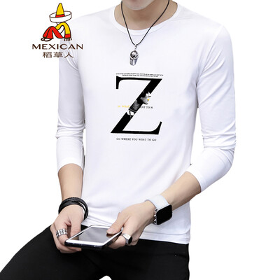 

Scarecrow MEXICAN long-sleeved T-shirt male Korean version 2019 new fashion type round neck print wild self-cultivation comfortable trend t-shirt bottoming shirt mens shirt white 4XL
