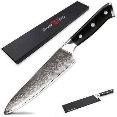 

Grandsharp 8 Inch Damascus Chef Knife 67 Layers Japanese Damascus Stainless Steel VG10 Kitchen Knife Black G10 Handle Gift Box
