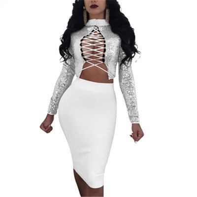 

Sexy sequins for large size womens dresses in Europe&America in summer two-piece long-sleeved dresses for night clubs