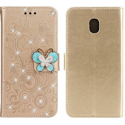 

MOONCASE Samsung Galaxy J3 2018 Butterfly Rhinestone Embossed Leather Case - Gold