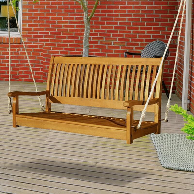 

Wood Porch Swing Hanging Bench Deck Courtyard Seat w Supportive Ropes