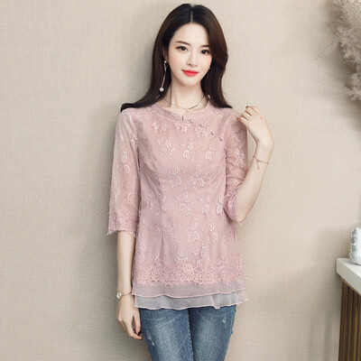 

Cypress 2019 spring new stand collar embroidered lace stitching double hem five-point sleeves slim head chiffon shirt S81R0426SA26M pink