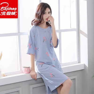 

Arctic velvet nightdress summer casual long pajamas female summer short-sleeved Korean sweet&lovely home service 5664 gray blue