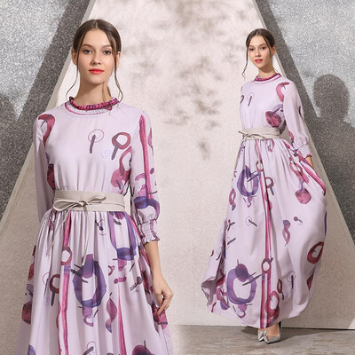 

L XL XXL vintage new spring 2019 long maxi dress women 34 sleeve pink print ankle length with belt lady