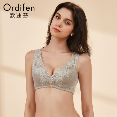 

Ou Difen no steel ring bra 2019 spring&summer new underwear large size vest bra adjustment received by the side of the breast lace gathered bra XJ8507 Feng Yue gray 3475B