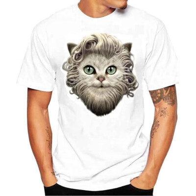 

For Mens Top Fahion Cute Cat Print Shirts Short Sleeve T-Shirt Slim Casual Blouse