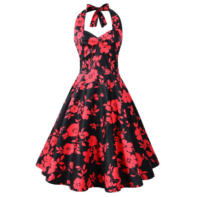 

Halter sexy backless print dress Hepburn style retro big skirt evening dress