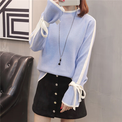 

Long Yue womens 2018 autumn&winter new Korean version of the sweater womens student loose pullover sweater trumpet sleeves shirt LWYC189321 blue code