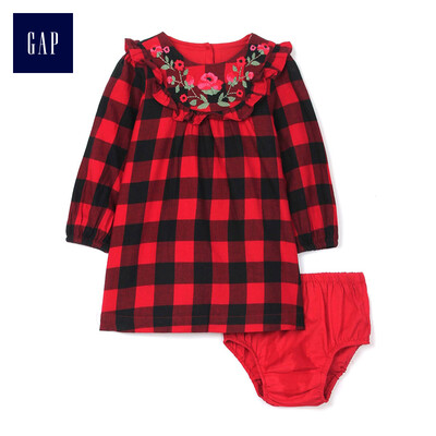 

GAP flagship store female baby embroidery plaid cotton long-sleeved dress baby skirt 375086 modern red 59cm 3-6 months