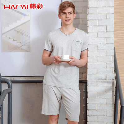 

Han Cai pajamas mens short-sleeved shorts mens modal casual V-neck pajamas sleep pants mens home service suit dark purple