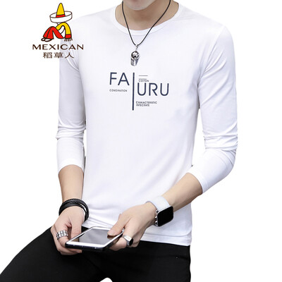 

Scarecrow MEXICAN long-sleeved T-shirt male Korean version 2019 spring new round neck personality Slim fashion printing comfortable trend bottoming shirt t-shirt shirt mens white