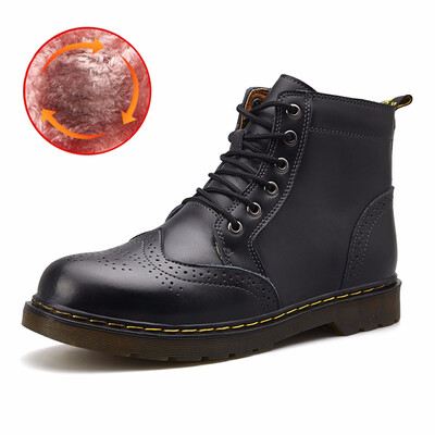 

Mid boots mens leather waterproof Martin boots casual fur lining warm snow boots
