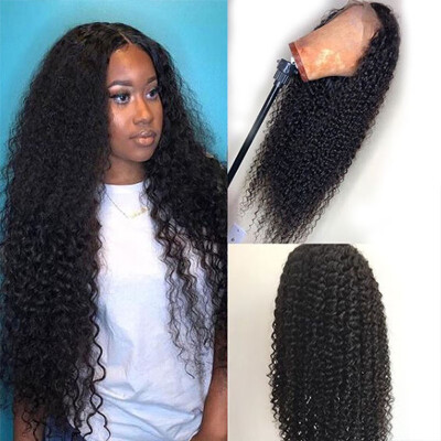 

Human Hair Kinky Curly Middle Part Frontal Lace Front Wigs with Baby Hair Malaysian Long Curly Wig Natural Black Pre Plucked