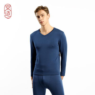 

JZAO mens thermal underwear wool thickening autumn clothes long pants warm set sea dark blue V-neck  code