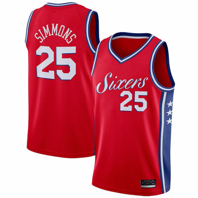 

2019 New Mens Philadelphia 76ers 25 Ben Simmons Red White Gray Blue Basketball Jersey Size -XXL