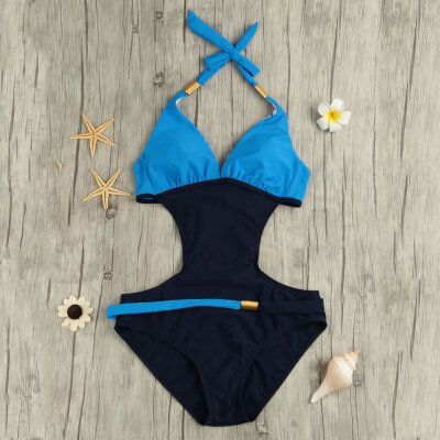 

New Sexy Women One-piece Swimsuit Contrast Color Block Halter Backless Beach Swimwear Bathing Suit