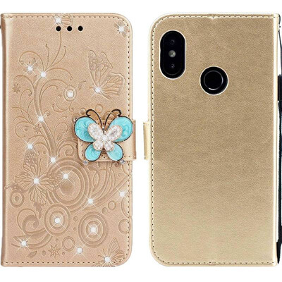 

MOONCASE Millet Mi A2 Lite Red Rice 6 Pro Butterfly Rhinestone Embossed Leather Case - Gold