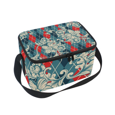 

ALAZA Insulated Lunch Box Diamond Flowers Blue Lunch Bag for Men Women Portable Tote Bag Cooler Bag