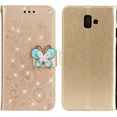 

MOONCASE Samsung Galaxy J6 Butterfly Rhinestone Embossed Leather Case - Gold