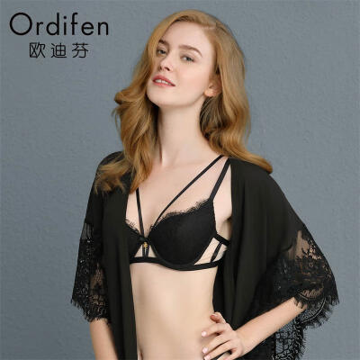 

Ou Difen underwear bra 2019 new ladies sexy cross straps lace gathered on the receiving breast bra XB9203 black B80