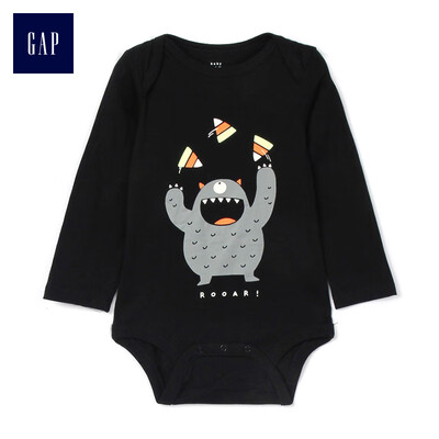 

GAP flagship store baby boy fun pattern long sleeve round neck jumpsuit 374383 pure black 0-3M