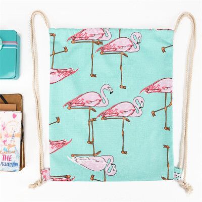 

Flamingo Printing Canvas School Bags Flamingo Travel Portable Backpacks Drawstring Bag for Women&Students