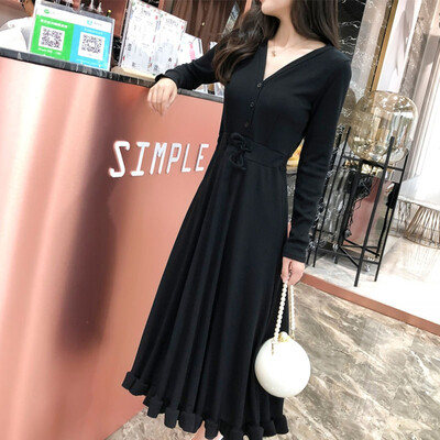 

Langyue Womens 2019 Spring New Korean Long Sleeve Dress in Long Knit Skirt V-neck Temperament Base Skirt LWQZ189115T Black