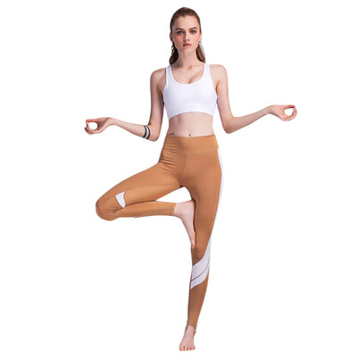 

Women Sports Yoga Pants Leggings Color Block Gym Fitness Workout Tights Trousers Skinny Leggings BrownWhiteGrey
