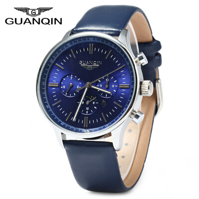 

GUANQIN Men Leather Quartz Watch with Calendar Display Moving Three Sub-dials