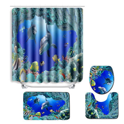 

4pcsset Turtles Printed Pattern Bathroom Decoration Water-resistant Shower Curtain Pedestal Rug Lid Toilet Cover Mat Non-slip Bat