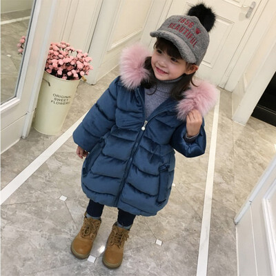 

girls winter jacket coat baby bebe children kids velvet tops parka long snowsuit down cotton pad clothes pink fur collar hood