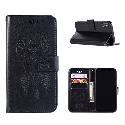 

MOONCASE Apple iPhone  Max Windbell Owl Embossed Leather Case - Black
