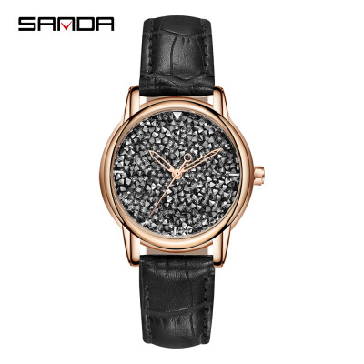 

SANDA P221 Simple Women Watch Leather Diamond Quartz Movement Watch Waterproof Casual Clock Wristwatch for Female