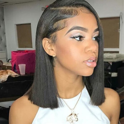 

12Inch Short Blunt Cut Bob Brazilian Virgin Human Hair Glueless Lace Front Wigs For Black Women Middle Part Stragiht Bob Wg