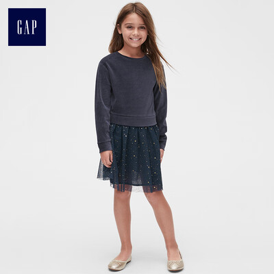 

GAP flagship store girls velvet tulle stitching long sleeve dress 398427 navy blue XS