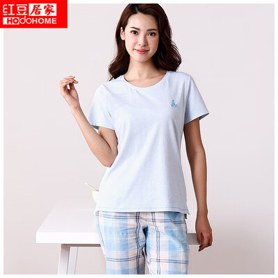 

Red bean home couple pajamas ladies cotton ammonia spinning simple plaid short sleeve hood casual home service suit 202 ice snow blue 17596A